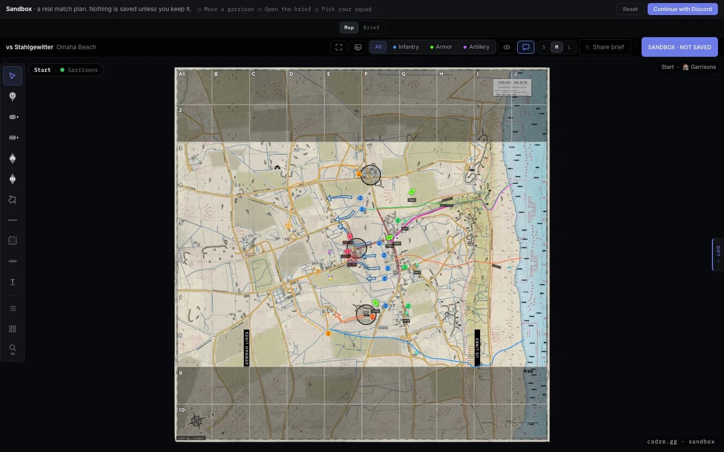 The cadre sandbox: the Omaha Beach plan open in the real map editor, with the tool rail on the left and a Continue with Discord button top right