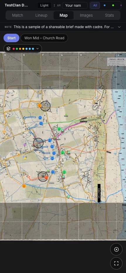 A cadre match brief for Omaha Beach: squads, garrisons and arty targets drawn on the map