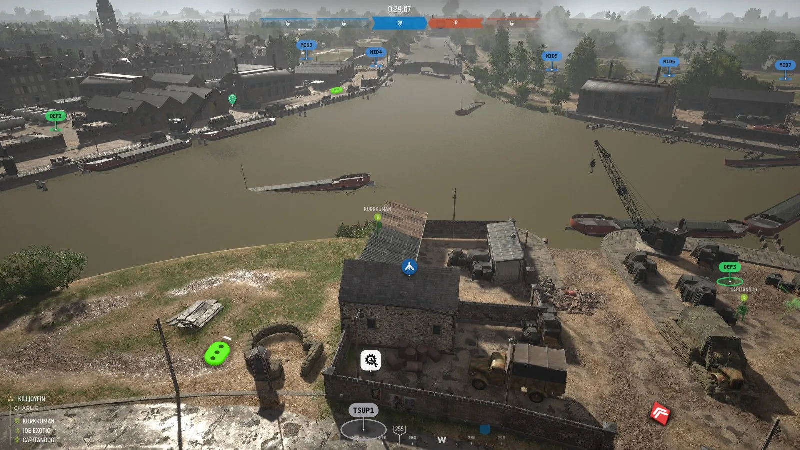 Annotated in-game screenshot with garrison and objective markers